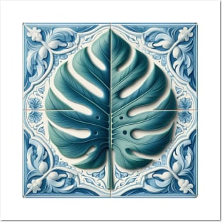 Classic Delft Tile With Monstera Leaf No.4 Posters and Art